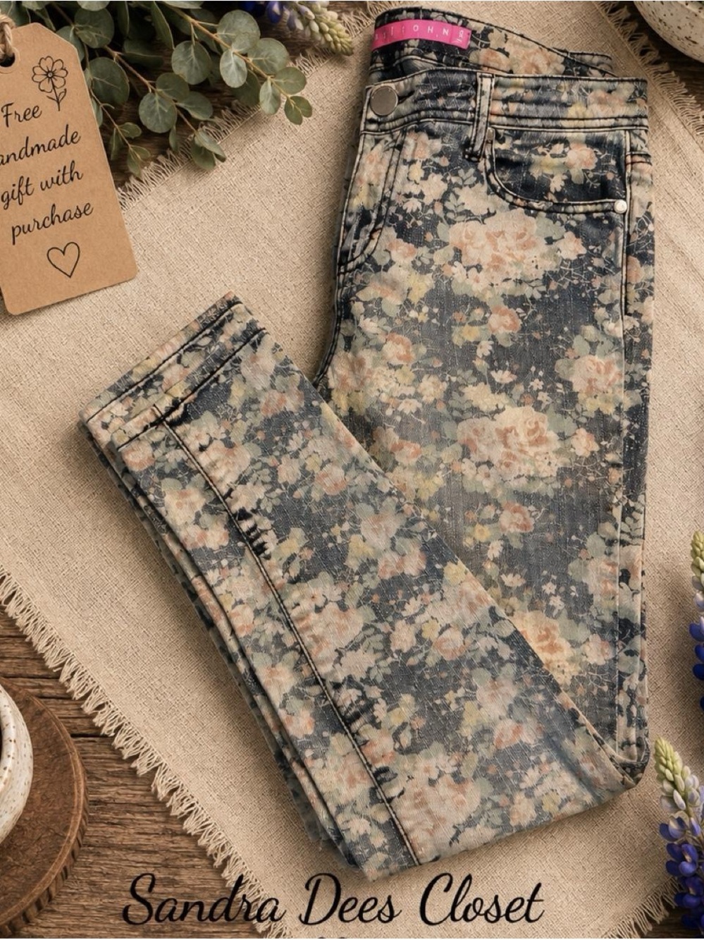 Tinseltown Skinny Floral Jeans in Blue with Peach Blossoms